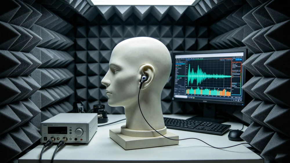 Acoustic test chamber with earbuds mounted on an artificial ear simulator