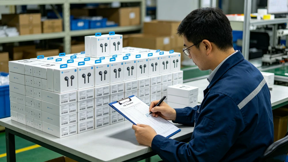 Inspector using AQL sampling checklist on a table of packed earbuds boxes