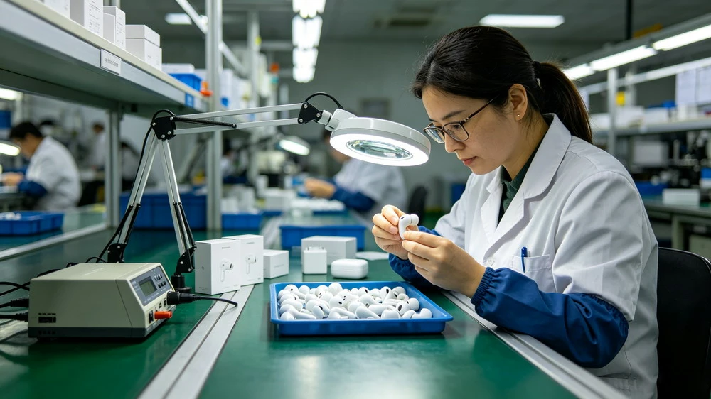 Quality inspector checking wireless earbuds on a production line