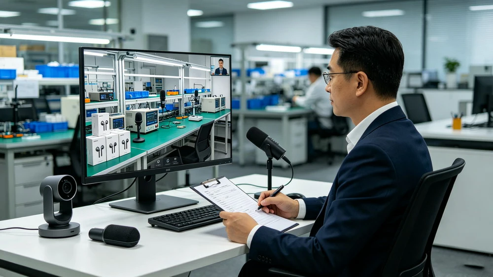 Sourcing manager on a video call reviewing a factory's test lab remotely