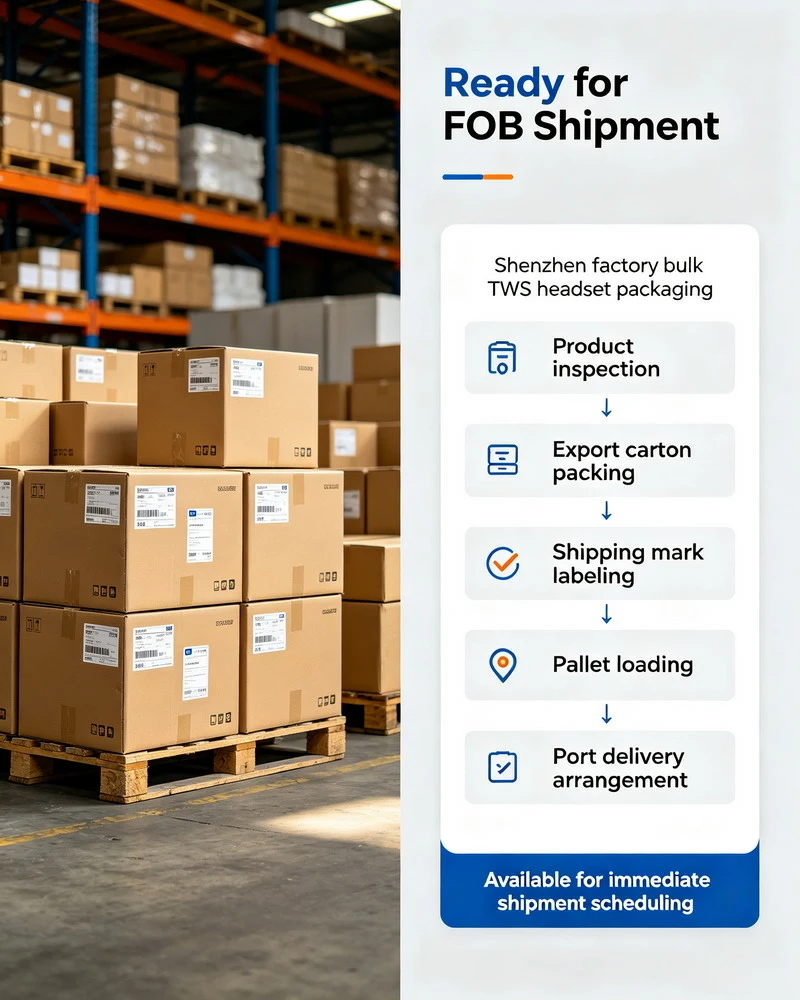 Wholesale TWS earbuds packed in bulk cartons ready for FOB shipment from a Shenzhen factory
