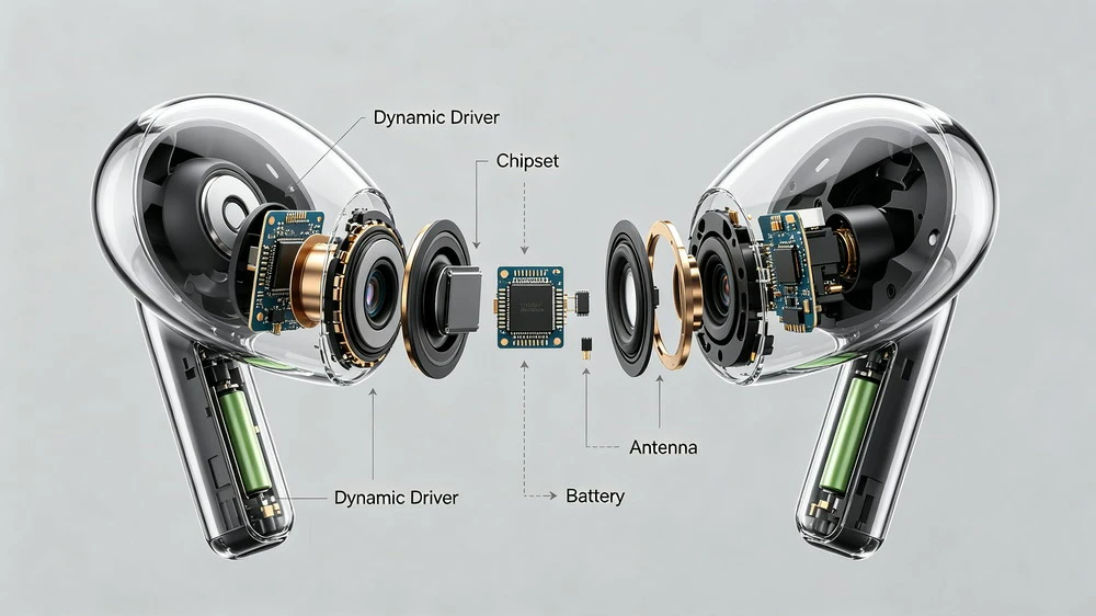 TWS earbuds internal components diagram driver chipset battery