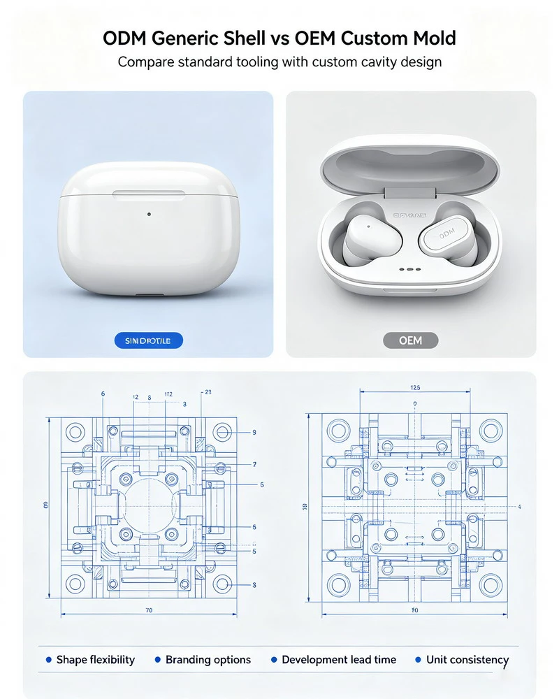 Side-by-side comparison of ODM public mold earbuds shell versus custom OEM tooling design