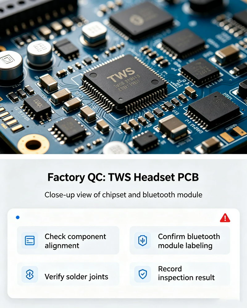 Close-up of a TWS earbuds PCB showing chipset and Bluetooth module during factory QC