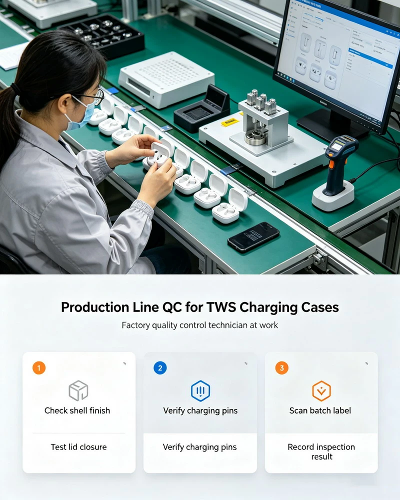 Factory quality control technician inspecting TWS earbuds charging cases on a production line