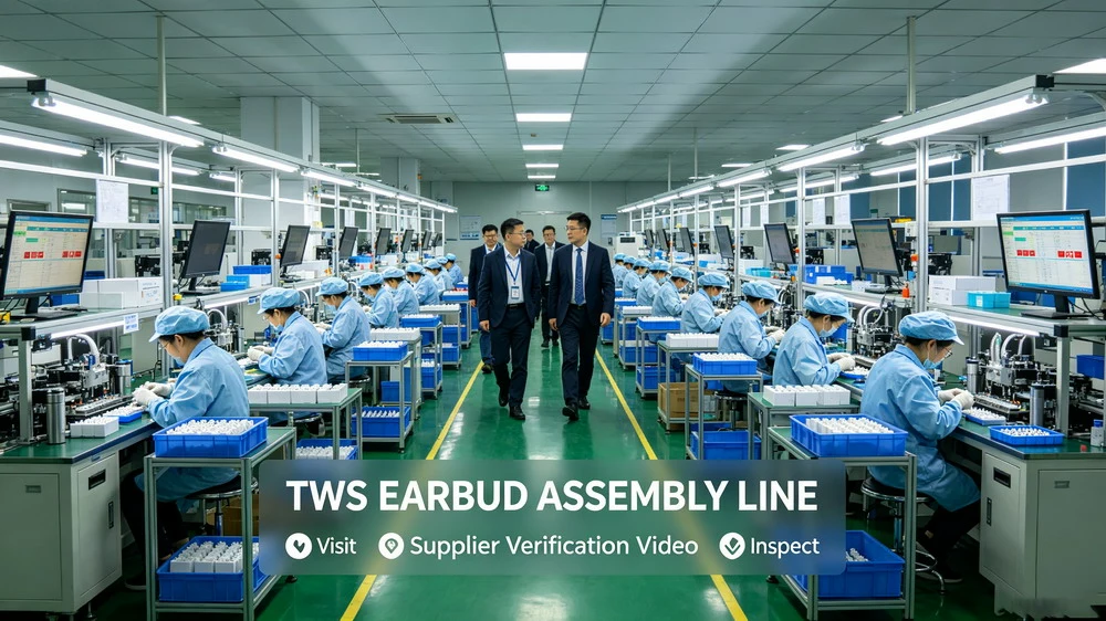 Video factory tour of a TWS earbuds assembly line for supplier verification