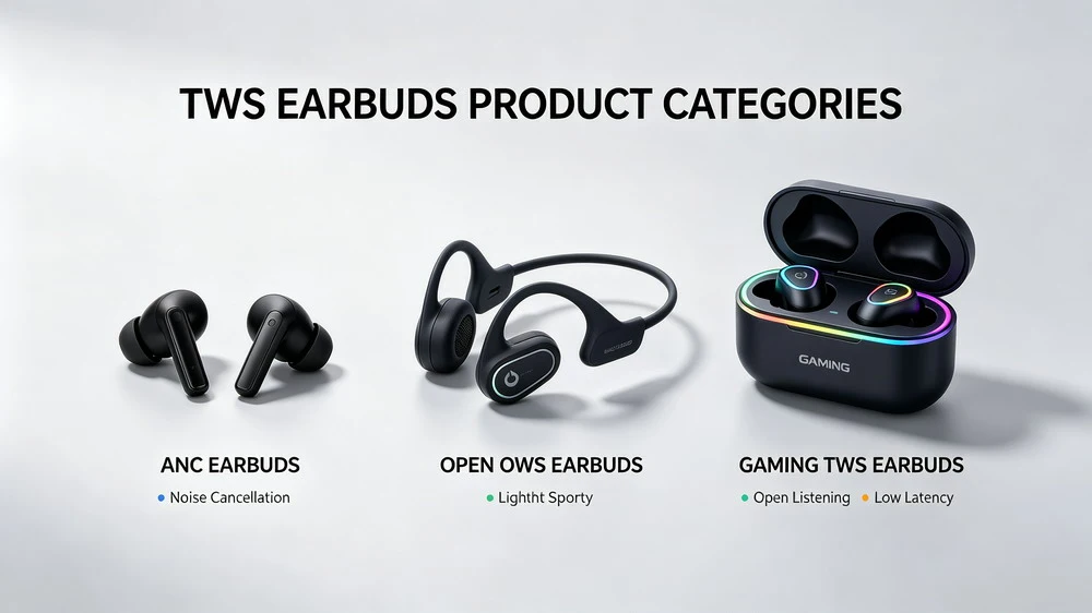 ANC open-ear OWS and gaming TWS earbuds product categories