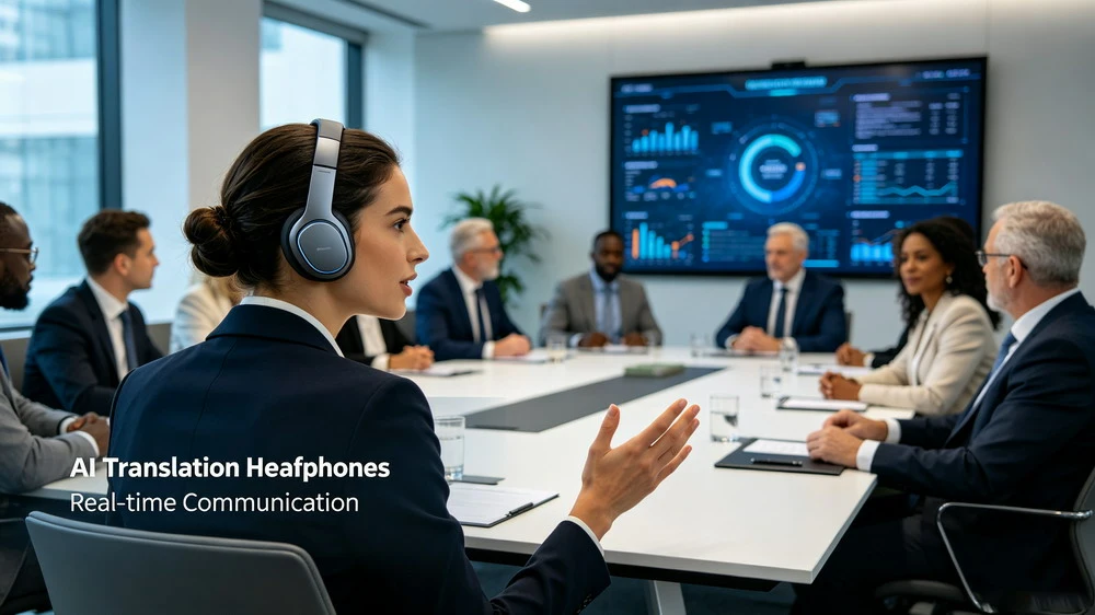 AI translation earbuds used in a cross-border business meeting