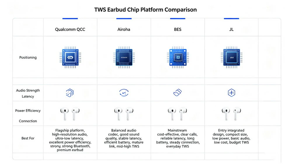 Comparison chart of Qualcomm QCC, Airoha, BES, and Jieli chipset platforms used in TWS earbuds