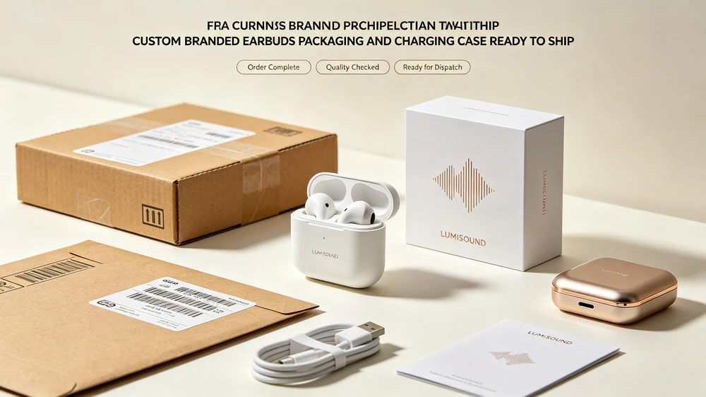 Custom branded earbuds packaging and charging case ready for shipment