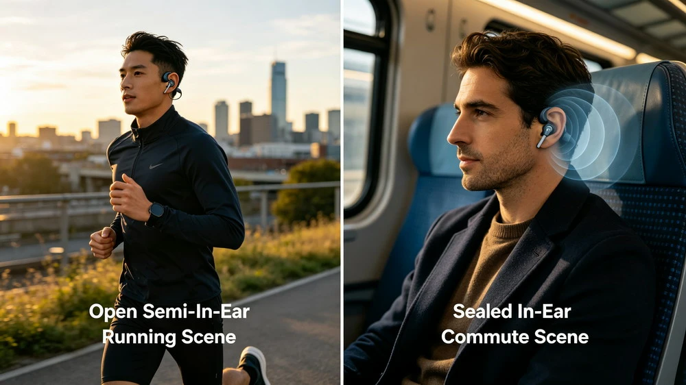 Runner wearing semi-in-ear open-style earbuds outdoors next to a commuter wearing sealed in-ear earbuds on a train, illustrating two different use cases