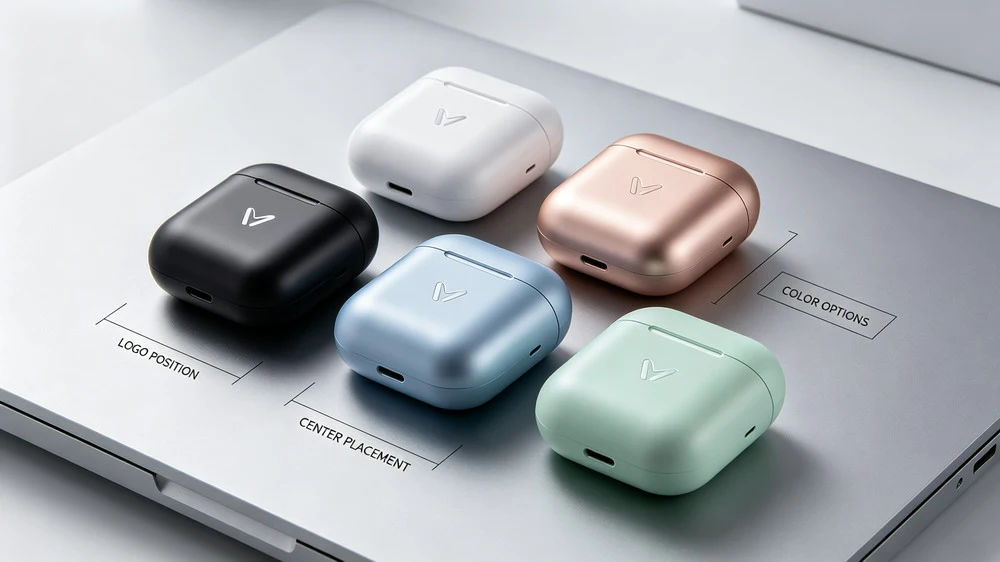 Private label TWS earbuds case color options and logo placement on the charging case lid
