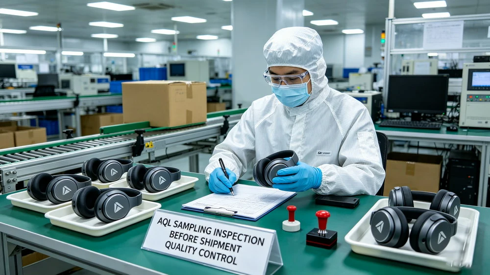 QC inspector performing AQL sampling inspection on private label earbuds before shipment