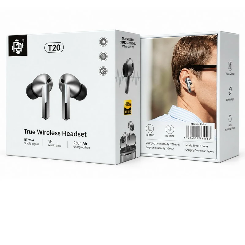 private label Bluetooth earbuds with custom logo and retail packaging